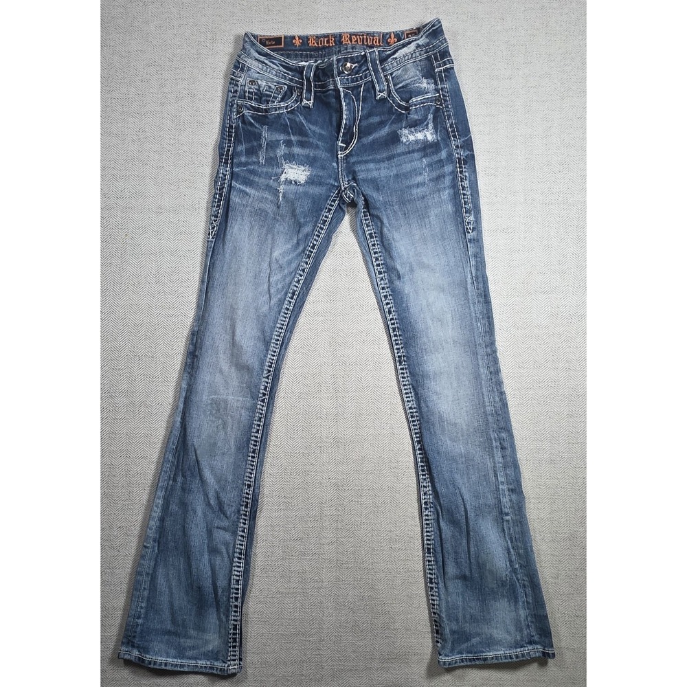Rock Revival Evie Mid-Rise Bootcut Jeans Size 25 Blue Distressed E8591MB2R
